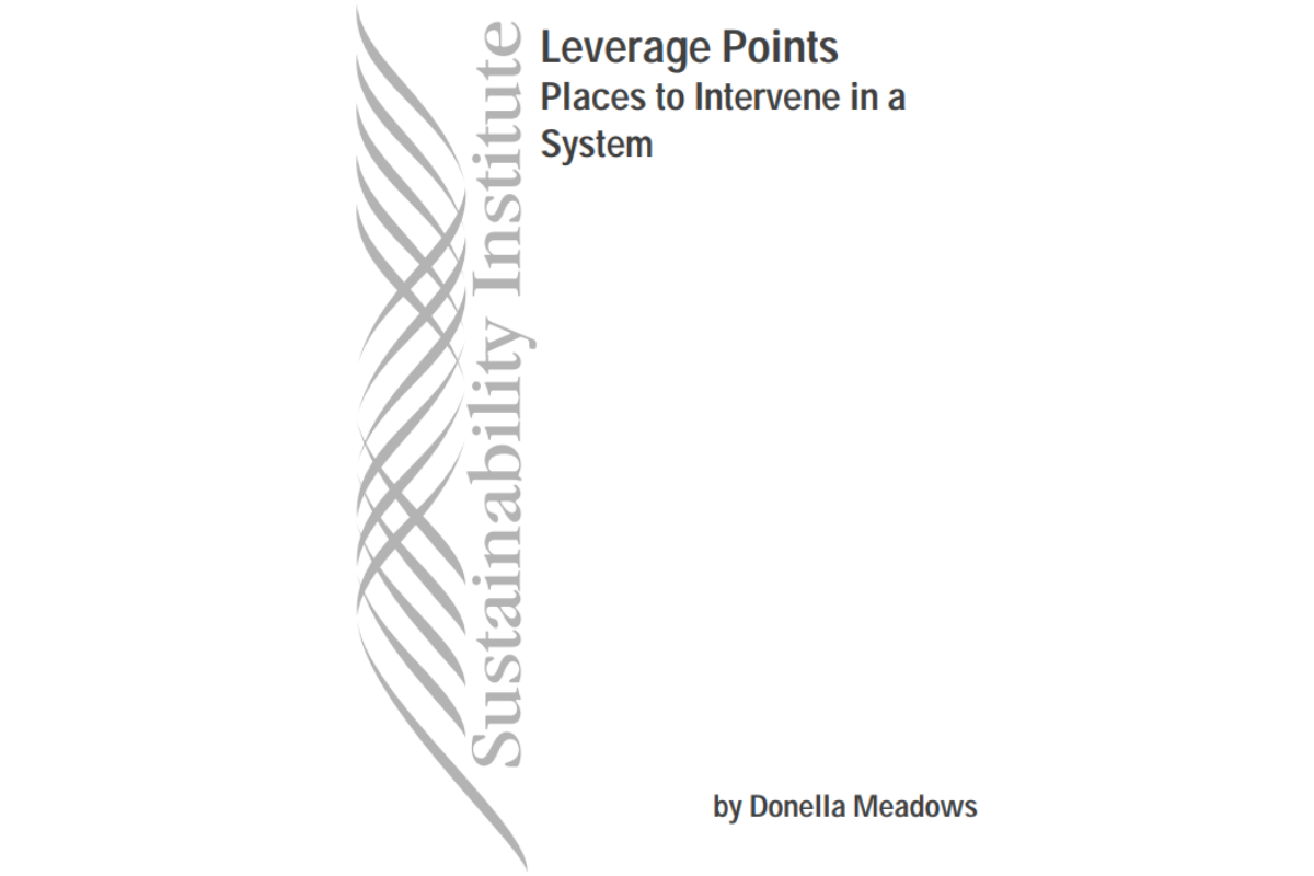 Cover page of 'Leverage Points: Places to Intervene in a System' by Donella Meadows, featuring the Sustainability Institute logo with a vertical spiral design.